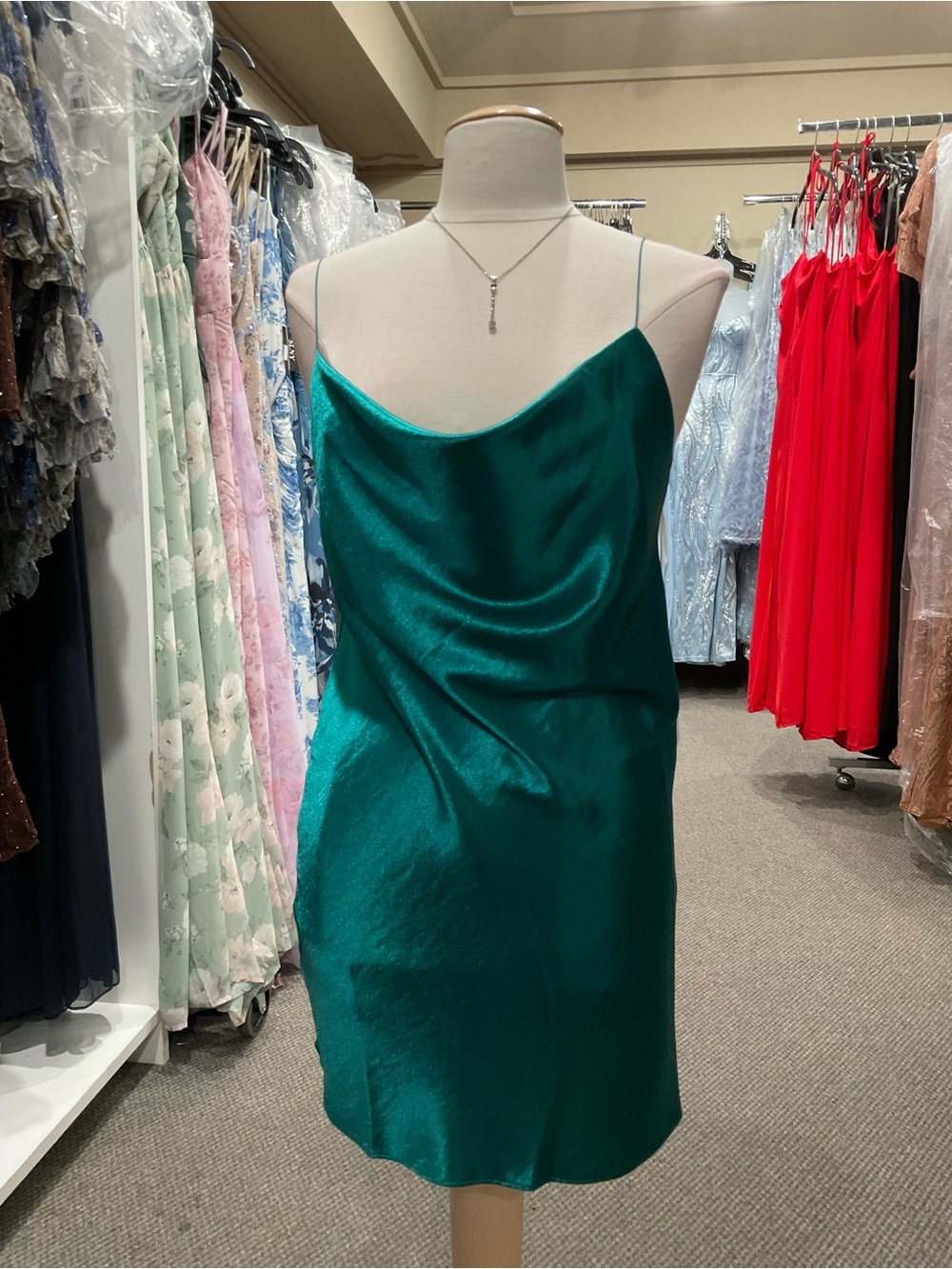 Double Zero Teal Satin Cowl Mini Dress